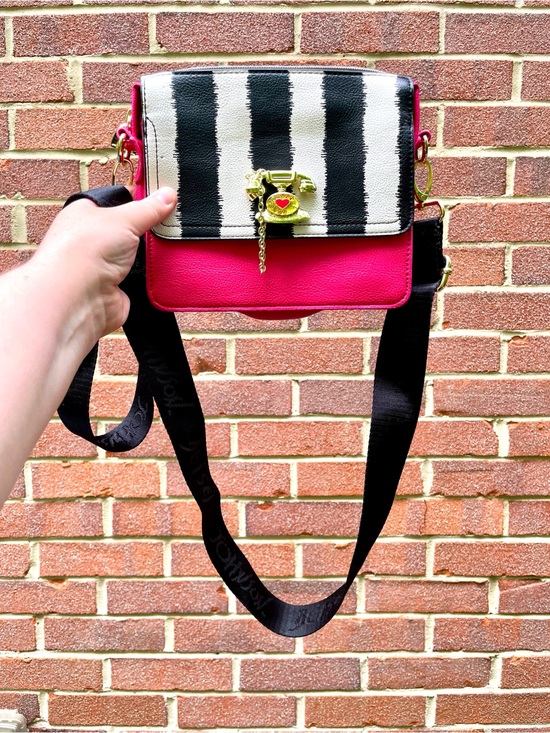 Betsey Johnson Handbags - Betsey Johnson Pink Telephone B & W Stripe Bag Adjustable Strap Crossbody